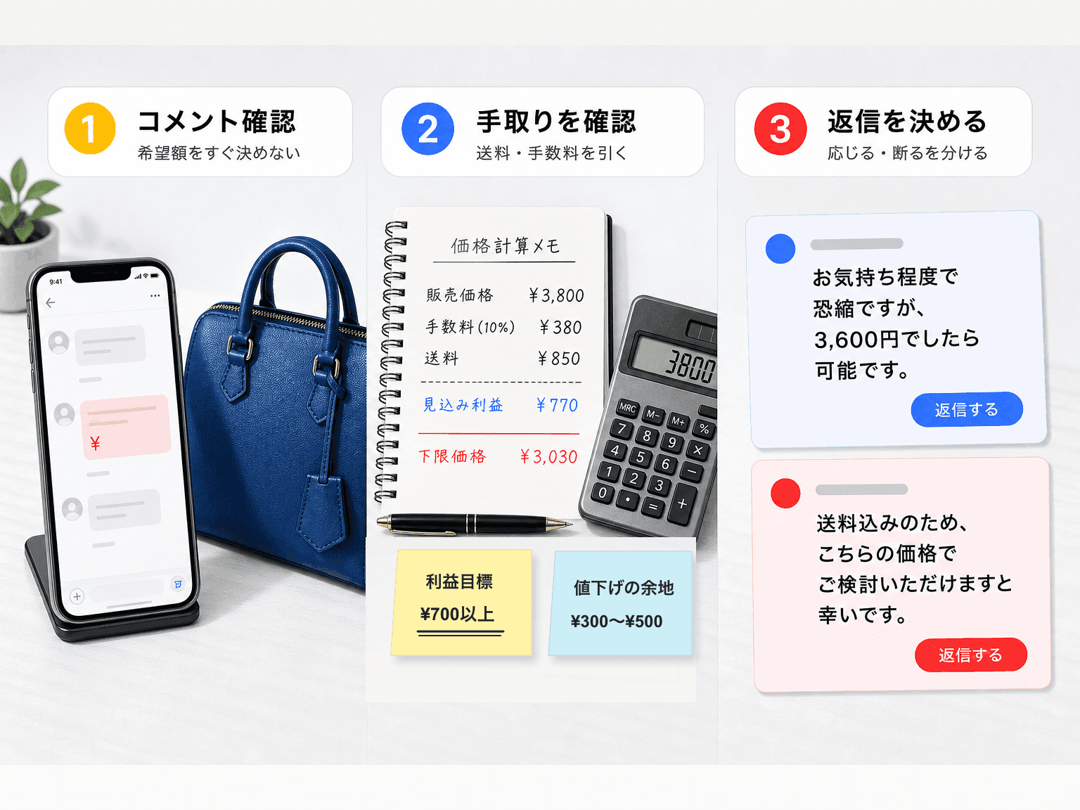 メルカリの値下げ交渉で下限価格を決めて返信する流れ