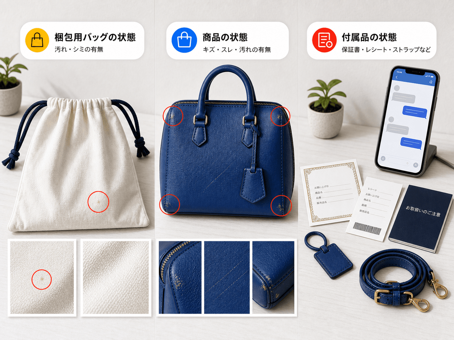 メルカリ返品返金トラブルで評価前に写真と取引メッセージを整理する図